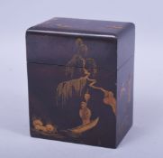 A CHINESE LACQUERED WOOD LIDDED BOX, with hinged lid and raised gilt decoration depicting figures in
