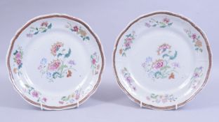 A PAIR OF 18TH CENTURY CHINESE QIANLONG FAMILLE ROSE PORCELAIN DISHES, moulded form with floral