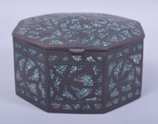 A FINE 19TH CENTURY INDIAN TURQUOISE INLAID BRASS OCTAGONAL LIDDED BOX, the turquoise inlay within a