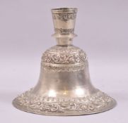 A 19TH CENTURY INDIAN LUCKNOW WHITE METAL / POSSIBLY SILVER HUQQA BASE, with bands of floral