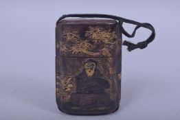 A JAPANESE LACQUER FOUR CASE INRO, decorated with a seated figure beside a tree to both sides with