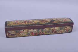 A FINE LARGE 19TH CENTURY PERSIAN QAJAR LACQUERED PAPIER MACHE QALAMDAN PEN BOX, painted with