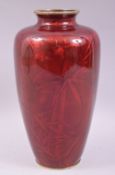 A JAPANESE GINBARI CLOISONNE VASE, possibly Ando, the foil with transparent red enamel overlay