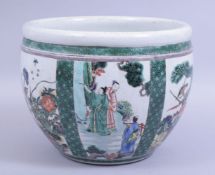 A CHINESE KANGXI STYLE FAMILLE VERTE PORCELAIN JARDINIERE, painted with panels of figures and native
