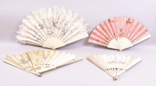FOUR CHINESE BONE AND MOSTLY SILK FOLDING FANS, one with a painted european scene, one with