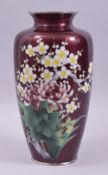 A JAPANESE RED ENAMELLED CLOISONNE VASE, the body foil with transparent red enamel overlay and