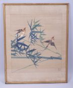 A CHINESE PAINTING ON SILK OF BIRDS ON BAMBOO, with red seal, framed and glazed, overall 46.5cm x
