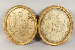 A RARE PAIR OF GEORGE III SILKWORK MAPS OF GREAT BRITAIN AND EUROPE and beyond, in an oval gilt