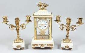 A LOUIS XVITH STYLE MARBLE AND GILT BRONZE MOUNTED CLOCK GARNITURE CIRCA. 1900. The four glass clock