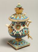 A GOOD SMALL RUSSIAN SILVER AND ENAMEL SAMOVA. Mark 84, 3.75ins high.