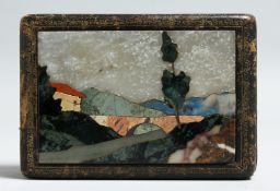 A 19TH CENTURY ITALIAN LEATHER BOX AND COVER with pietra dura inlaid top of a landscape. 5ins