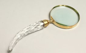 A MAGNIFYING GLASS WITH CUT GLASS HANDLE.