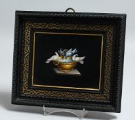 A SUPERB 19TH CENTURY ITALIAN MICRO MOSIAC PANEL depicting PLINYS DOUES. 4.4 x 5.5ins framed.