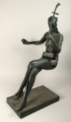 A MODERN BRONZE OF A FIGURE WITH A STRINGED INSTRUMENT. 34ins high.