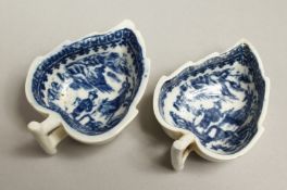 AN 18TH CENTURY CAUGHLEY LEAF SHAPED DISH in the Fisherman pattern and another similar (2).