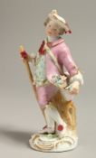 A MEISSEN FIGURE OF A MAN holding a stick with his coat tails full of flowers, c. 1760.