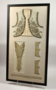A FRAMED AND GLAZED OTTOMAN SLEEVES AND WAISTCOAT. 38ins x 20ins.