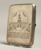 A RUSSIAN SILVER CIGARETTE CASE, the front engraved with a church. 4ins x 3ins