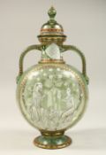 A GOOD CONTINENTAL TWIN HANDLED GLASS VASE AND COVER, decorated in the Medieval style, with