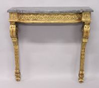 A GOOD 19TH CENTRUY MARBLE AND CARVED GILTWOOD CONSOLE TABLE with a bow fronted top, floral and