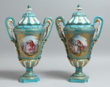 A VERY GOOD PAIR OF 19TH CENTURY SEVRES PORCELAIN TWO HANDLED URN SHAPED VASES AND COVERS, blue