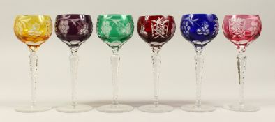 A SET OF SIX COLOURED HOCK GLASSES, with grape and vine engraved decoration. 8.25ins high.