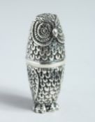 A SILVER OWL PIN CUSHION AND NEEDLE CASE.
