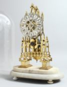 A VICTORIAN BRASS SKELETON CLOCK, CIRCA. 1880. of Cathedral form on a white marble base with glass