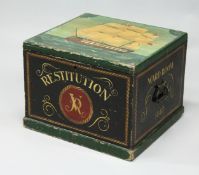 A GOOD PAINTED MILITARY PINE CHEST, the lid painted with a sailing ship, dated 1840. 1ft 11ins long,