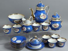 A CONTINENTAL BLUE GROUND PORCELAIN TEA SET comprising tea pot, sugar bowl, milk jug, bowl, bowl and