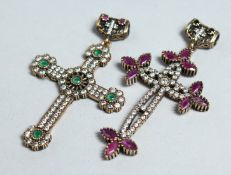 TWO SILVER VERMEIL CHALCEDONY CROSSES