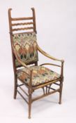 A GOOD LIBERTY RUSTIC ARM CHAIR with Liberty print padded back and seat.