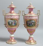 A VERY GOOD PAIR OF 19TH CENTURY SEVRES PORCELAIN TWO HANDLED URN SHAPED VASES AND COVERS, pink