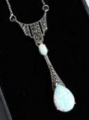 A SILVER AND GILSON OPAL PENDANT AND CHAIN.