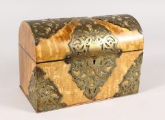 A VICTORIAN BRASS BOUND, DOMED TOP, HUNGARIAN ASH, STATIONERY CASKET with fitted interior. 8.5ins