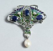 A SILVER SAPPHIRE AND PEARL BROOCH.