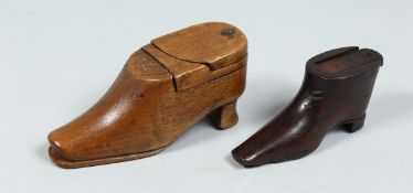 TWO TREEN SHOE-SHAPED SNUFF BOXES