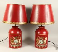 A PAIR OF RED TOLEWARE LAMPS
