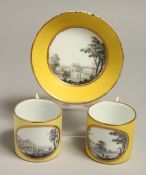 A LATE 18TH CENTRUY / EARLY 19TH CENTURY BERLIN PAIR OF YELLOW GROUND COFFEE CANS and a matching