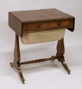 A SMALL REGENCY MAHOGANY DROP LEAF SOFA TABLE - SEWING TABLE with long frieze drawer, end