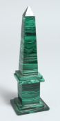 A SMALL MALACHITE OBELISK. 6.5ins.