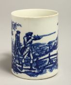 A WORCESTER BLUE AND WHITE MUG with 'a man aiming a gun' pattern. Circa. 1775 - 85. 3.25ins high.
