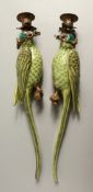 A PAIR OF CONTINENTAL PORCELAIN PARROT WALL SCONCES