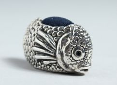 A CAST SILVER FISH PIN CUSHION.