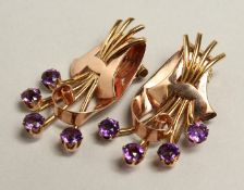 A GOOD PAIR OF 14CT GOLD AMETHYST EARRINGS, dated June 24 1941.