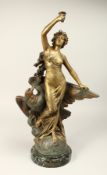E. DROUOT (1859 - 1945) FRENCH. HEBE. A GILT BRONZE OF A CLASSICAL LADY with an eagle. Signed on a