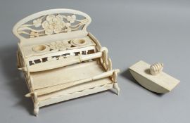 A GOOD IVORY TABLE INKSTAND with paper knife and blotter. 7ins wide.