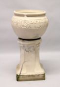 A LEEDS FIRE CLAY LEFCO WARE, STONE WARE JARDINIERE AND STAND, the ovid bowl with scrolls 3ft 1ins