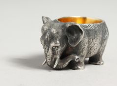 A RUSSIAN SILVER ELEPHANT SALT with gilt bowl. Bears mark, 84. Length 1.75ins Weight 127g
