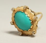 AN 18CT GOLD, TURQUOISE AND DIAMOND CLUATER RING